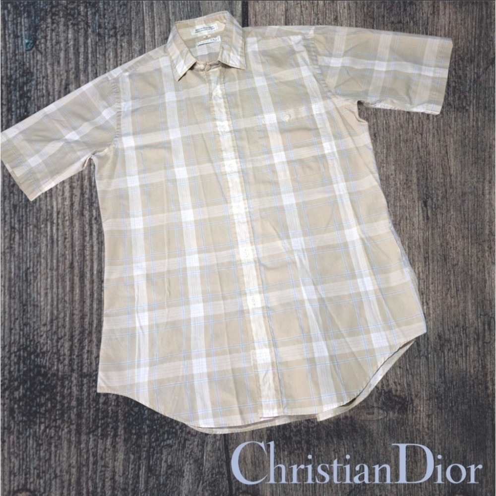 VTG Christian Dior Monsieur Shirt Mens Plaid Button Down Beige Tan M‎